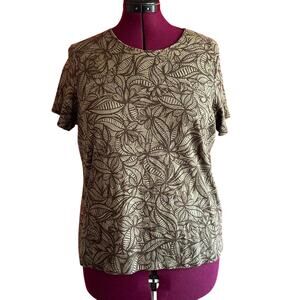 Womens Shirt Size 1X Khaki Green Floral Crew Neck Everyday Wear Casual Summer